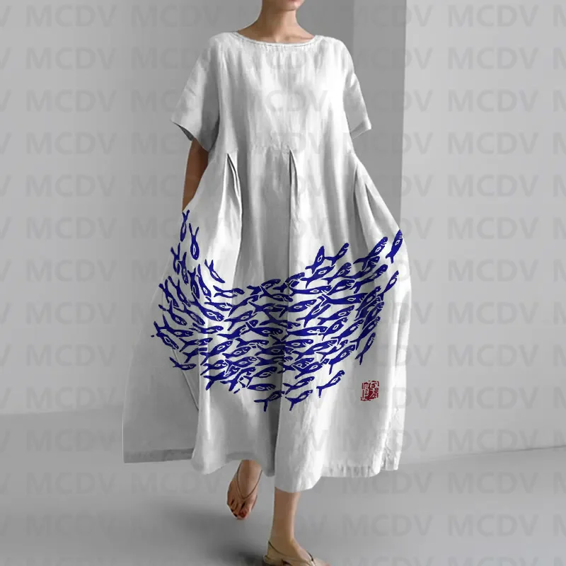 Japanese Vintage Fish Art Prin - огляд і ціна Midi Dress