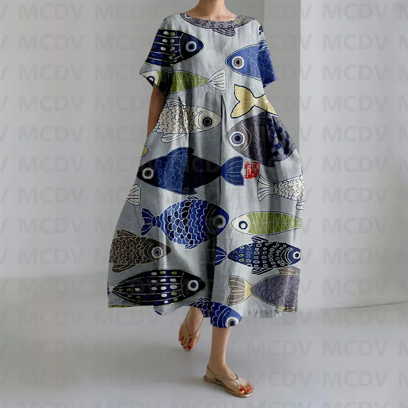 Japanese Vintage Fish Art Prin - огляд і ціна Midi Dress